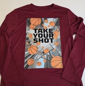 Athletic Works Maroon Long Sleeve Tee with Basketball Graphic